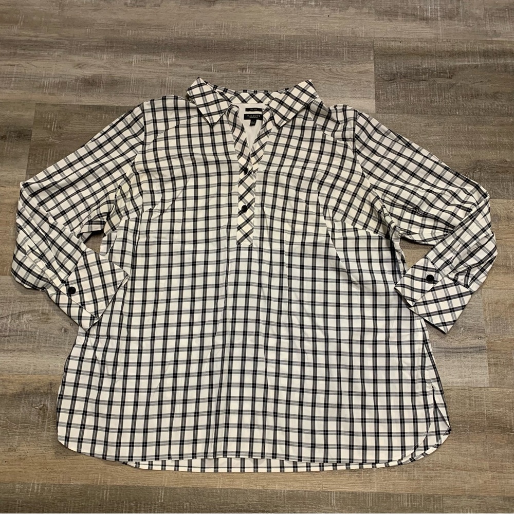 Talbots Non Iron Collared Black & White Check Henley Top Women’s Size 18WP
